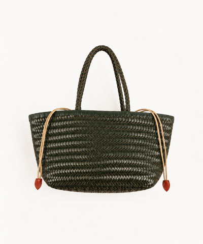 olive green woven leather tote bag with drawstrings on white background