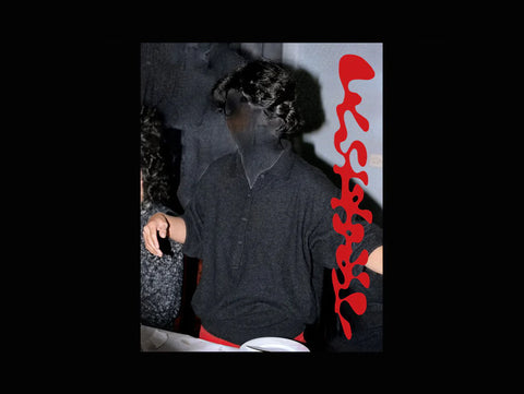 Cover of book image of a figure who has been manipulated with photoshop to remove the face. Wearing a grayish black shirt and black hair. Red abstract design down right side of image